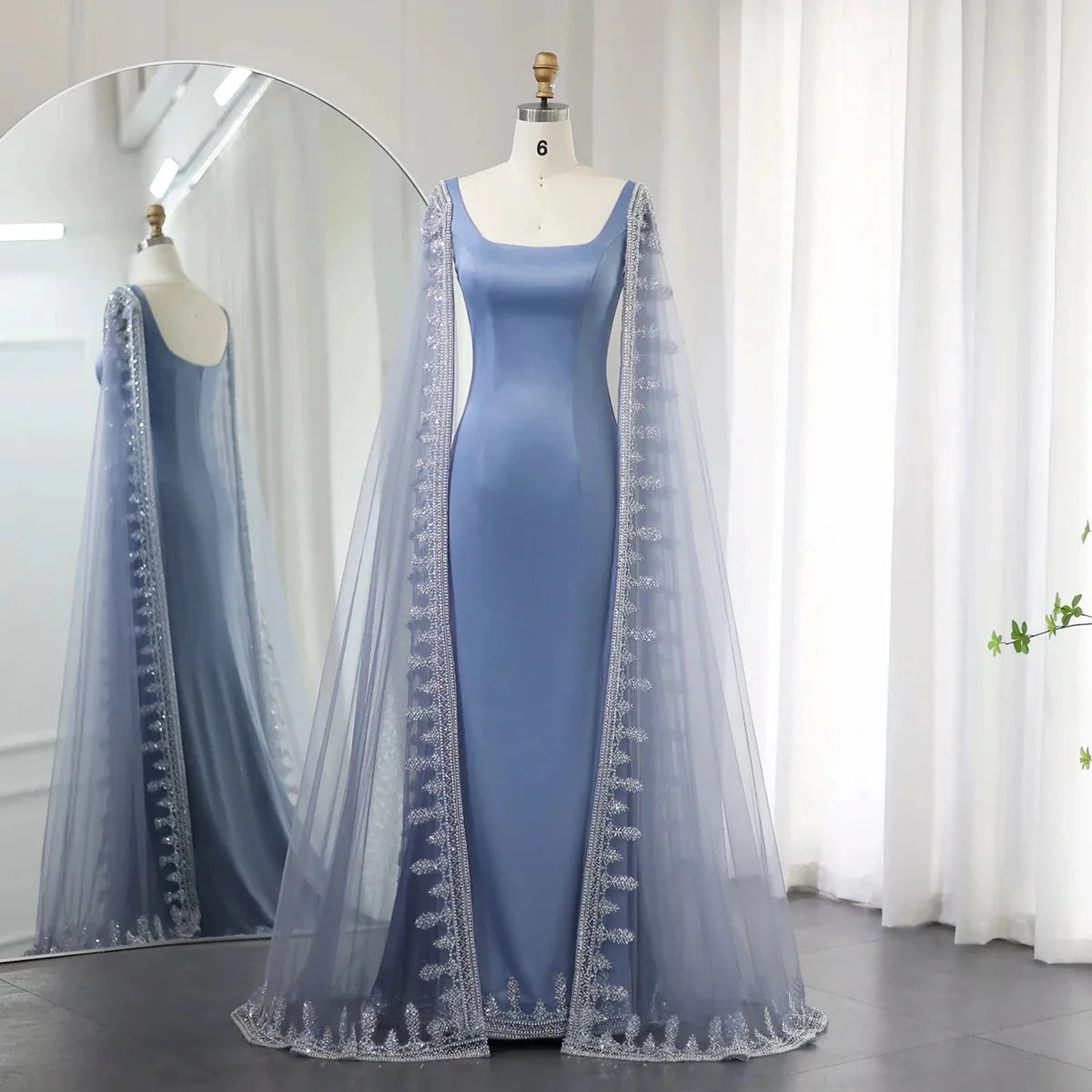 Luxury Crystal Blue Mermaid Square Backless Evening Dresses with Cape Sleeves